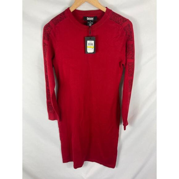 NWT DKNY Logo Long Sleeve Knit Sweater Dress Red Size Medium - Picture 5 of 7